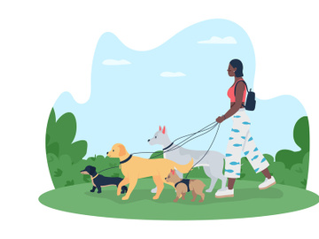Dog walking 2D vector web banner, poster preview picture