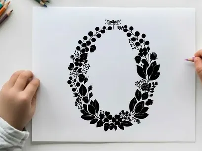 Silhouette of a floral wreath with a dragonfly silhouette