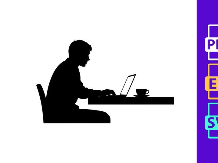Woman working on laptop with coffee minimalist silhouette