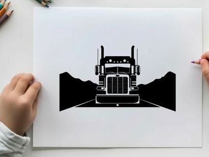 Semi truck silhouette on open road with mountains