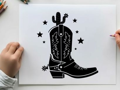 Western cowboy boot silhouette with cactus and stars