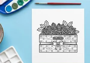 Hand-drawn Christmas gift box with holly wreath and decorative bow illustration