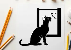Black silhouette cat looking at birds through a window silhouette