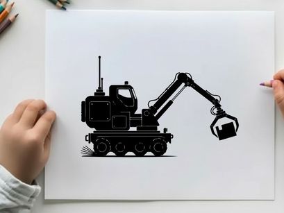 Silhouette of a heavy duty excavator machine in profile view