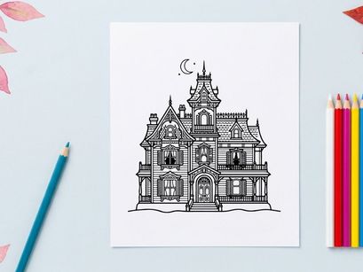 Victorian mansion architectural illustration for design projects. Classic historic house line drawing with intricate details and gothic elements.