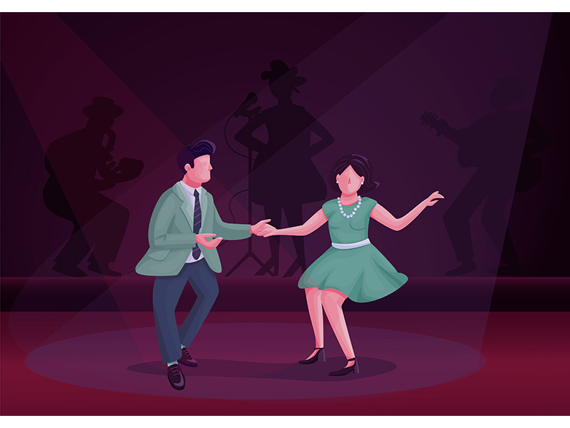 Man and woman dancing twist flat color vector illustration