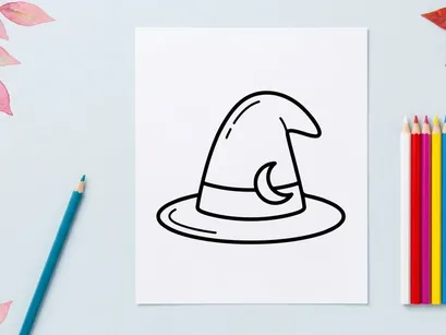 Ilustração de chapéu de bruxa preto e branco simples. Acessório clássico no estilo cartoon de feiticeira para designs sazonais assustadores.