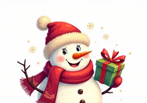 A charming snowman holds a gift, ready for the holidays.
