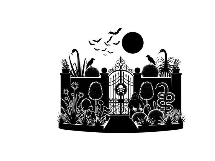 Silhouette of a spooky garden gate with skull and moon