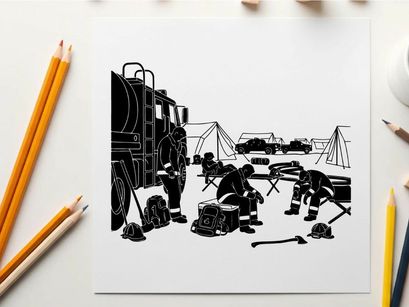 Firefighters in silhouette preparing for action at a fire scene