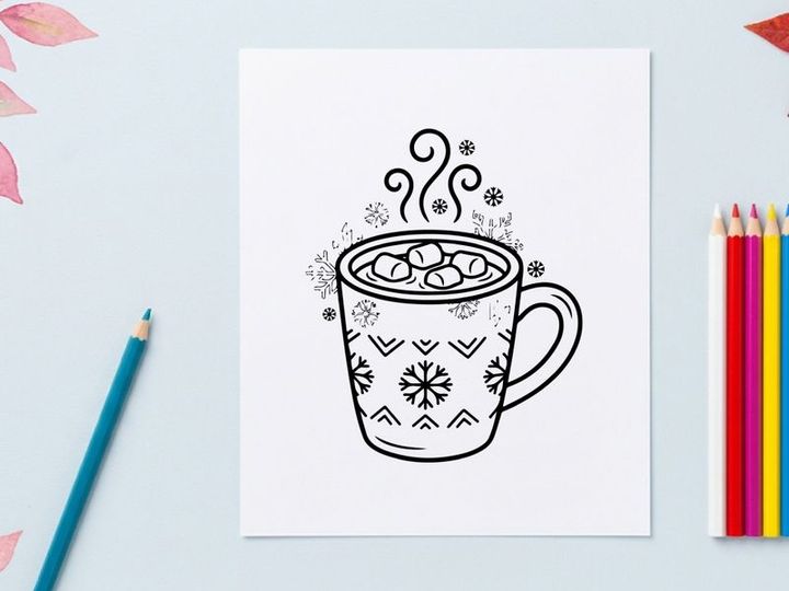 Handgezeichnete Illustration einer Tasse mit heißer Schokolade und Marshmallows