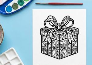 Christmas gift box with ornate floral patterns for coloring page or holiday design