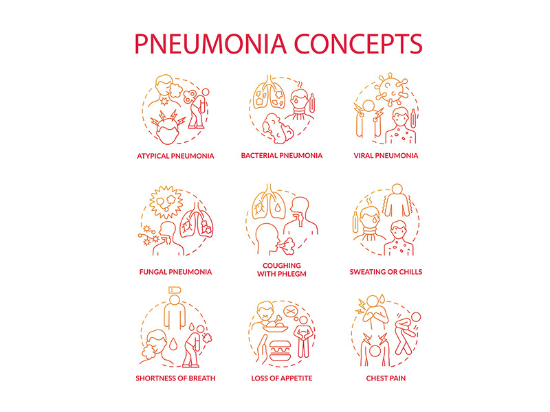 Pneumonia red gradient concept icons set