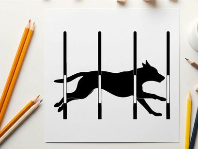 Dog silhouette jumping over hurdles in athletic silhouette