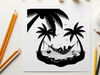 Couple relaxing in hammock between palm trees silhouette