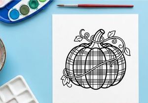 Plaid pumpkin line art illustration. Autumn harvest squash drawing with tartan pattern.