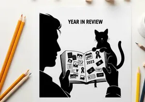 Silhouette of a person and cat reading a year in review calendar