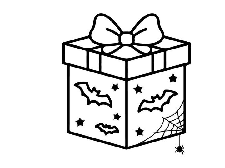 Halloween gift box with bats and spider web. Spooky holiday present icon for coloring page.
