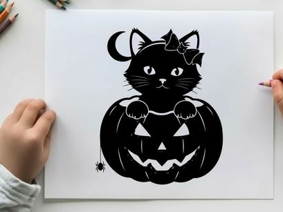 Black cat silhouette sitting on a jack o lantern