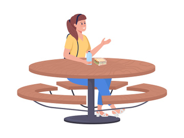 School girl sitting at table semi flat color vector character preview picture