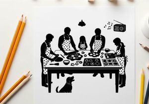 Family cooking together in a kitchen with silhouette