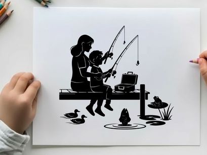 Silhouette of woman and child fishing by serene lake