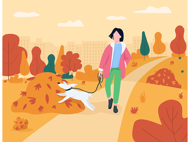 Woman walk with dog semi flat vector illustration