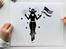 Patriotic cowgirl silhouette with fireworks and american flag