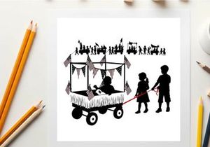 Children's silhouette illustration of kids pulling wagon with silhouette people