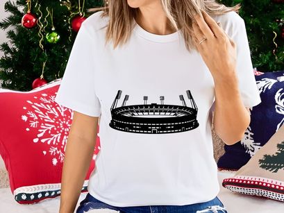 Black and white illustration of a large outdoor sports stadium with floodlights