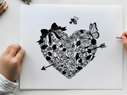 Silhouette heart with butterflies bows and arrows illustration