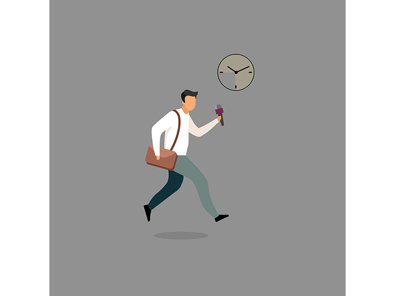 Journalist with microphone hurry up flat vector illustration