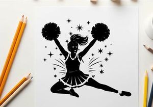 Cheerleader silhouette with pompoms and sparkles