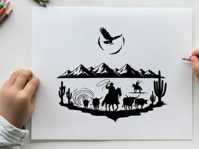 Western cowboy riding horse silhouette with mountains and cacti