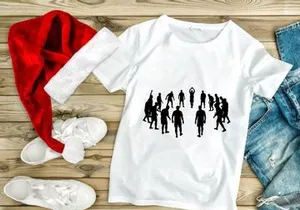 A group of people walking in different directions in black silhouette on white background