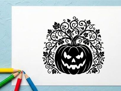 Halloween-Kürbis mit gruseligem Gesicht und dekorativen Ranken