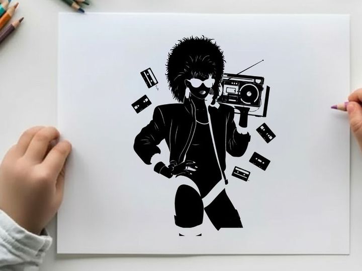 Retro silhouette of a woman with a boombox and cassette tapes