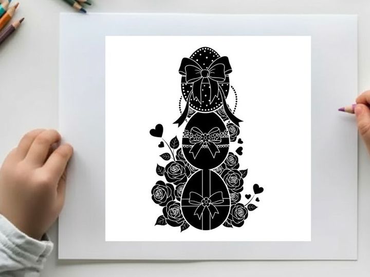 Silhouette of stacked easter eggs with bows and floral design