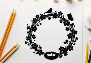 Silhouette of bird butterfly and floral wreath design
