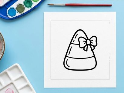 Candy corn icon with a bow. Halloween sweet treat line art graphic design element.
