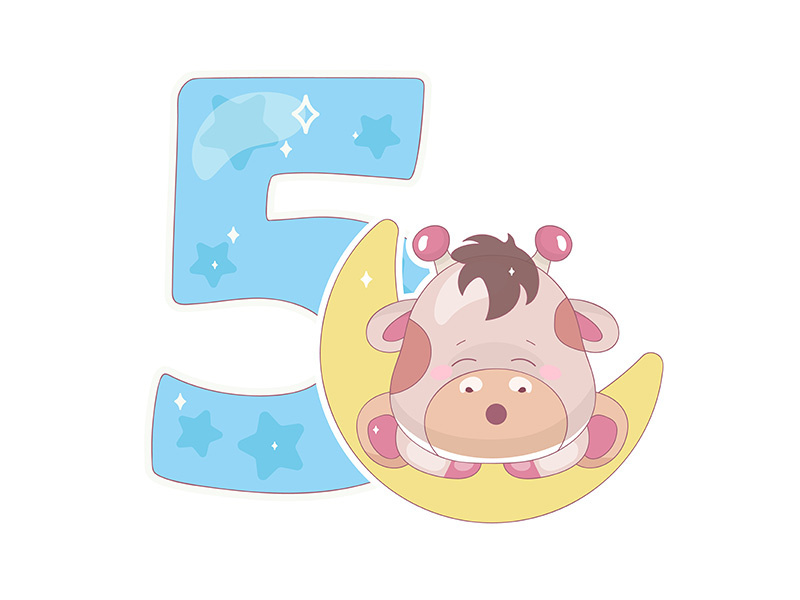 Cute five number with baby giraffe cartoon illustration