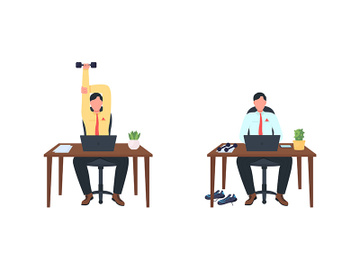 Male employee working out at workplace flat color vector faceless character set preview picture
