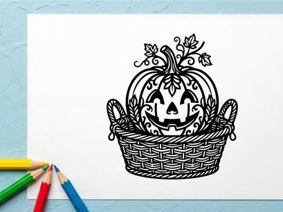Labu Hias Halloween dengan Wajah Ukiran dalam Keranjang Anyaman