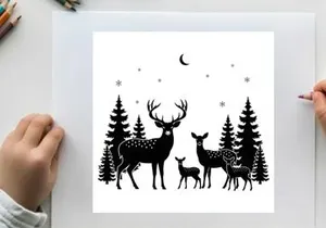 Deer family silhouette under starry night sky with trees
