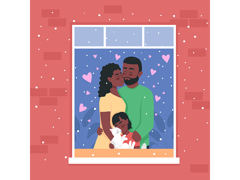 Happy african american family in home window flat color vector illustration