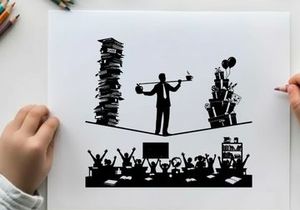 Silhouette of businessman balancing work and office supplies on a tightrope