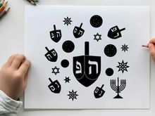 Hanukkah symbols including dreidels menorah and star of david silhouette