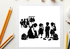 Silhouette of children and teacher in a school setting with backpacks