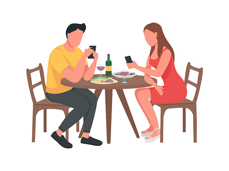 Couple on mobile phones semi flat color vector character