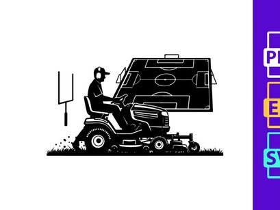 Man on a riding lawn mower with a football field diagram on a screen